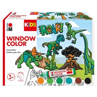 Image de Marabu 30600004 Kit Kids Dinosaures, 6 x 25 ML de Peinture pour vitres à Base d&#039;eau, 2 pochoirs A3 et A4, 30 Motifs, Enfants partir 3 Ans, 306000000004, Multicolore, Medium