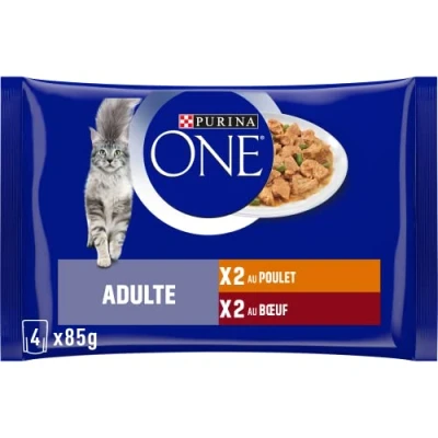 Image de PURINA ONE Adulte Effilés en Sauce Saveurs Assortis Poulet et Bœuf Sachets Repas pour Chats Adultes 4x85g Lot de 12