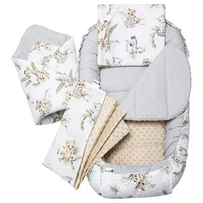 Image de Medi Partners 5 éléments Cocon de Bébé 100x60x15cm 100% Coton Baby Nest Reducteur lit Bébés Oreiller Couverture Insert Amovible (Safari avec Minky Beige)