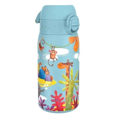 Image de Ion8 Gourde Enfant Acier Inox 400ml, Anti Fuite, Facile à Ouvrir, Verrouillage Sécurisé, Lavable au Lave Vaisselle, Poignée de Transport, Nettoyer, Durable, Inoxydable, Design Safari