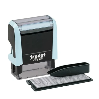 Image de Trodat Printy 4911 Kit de tampons en bleu pastel à faire soi même 3 lignes texte, empreinte 38 x 14 mm, allemand, avec pincette, encreur noir et ensemble lettres chiffres dans une taille