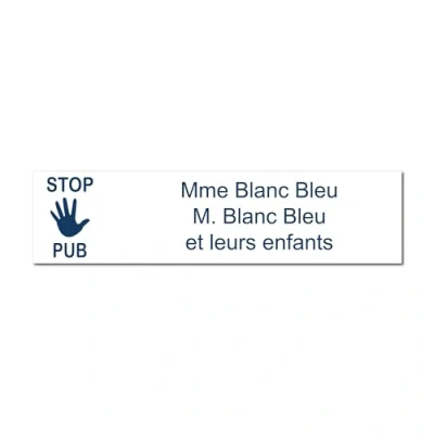 Image de Plaque gravée pour nom boîte aux lettres STOP PUB autocollante 10x2,5cm personnalisée 1 à 3 lignes Blanc écriture Bleue