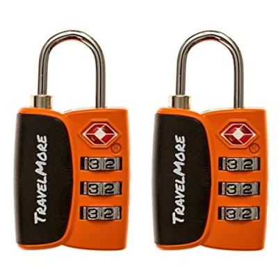 Image de TravelMore Paquet de 2 cadenas certifiés TSA à code 3 chiffres avec indicateur d&#039;alerte d&#039;ouverture, pour valise voyage et bagages (orange)