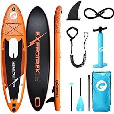 Image de Exprotrek Planche de Stand up Paddle Gonflable, 6 Pouces d&#039;épaisseur pour Tous Les Niveaux difficulté avec pagaie et Accessoires complets (150 kg Max) Orange