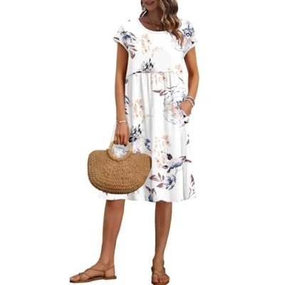 Image de AUSELILY Robe Femme d&#039;été Droite Mi Longue à Manches Courtes Robes aux Genoux Ample Décontractée Style Empire avec Poches