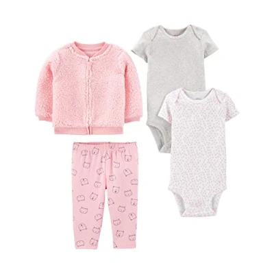 Image de Simple Joys by Carter&#039;s 4 Piece Jacket, Pant, and Bodysuit Set Ensemble Layette, Blanc Cœurs/Gris/Rose/Chat, 0 3 Mois Bébé Fille