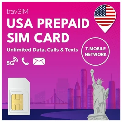 Image de travSIM Carte SIM USA Réseau T Mobile Données, appels et textes illimités aux Fonctionne sur Les appareils iOS Android Prépayée 12 Jours