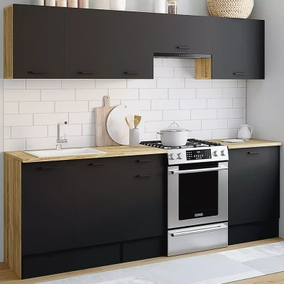 Image de Cuisine complète SUBTIL 240 cm avec plan de travail structure effet bois et façades noires 7 éléments