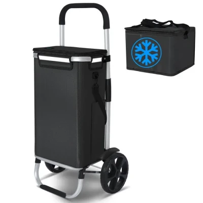 Image de VOUNOT Chariot de Courses 2 Roues en Aluminium avec Compartiment Impermeable Caddie Pliable 3 1 Sac Isotherme Individuel Noir 50L