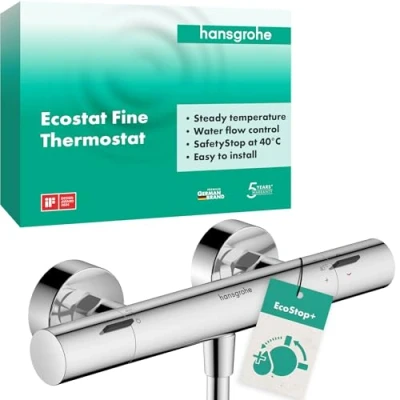 Image de hansgrohe Ecostat Fine Mitigeur de douche thermostatique avec EcoStop+, Robinet apparent arrêt sécurité (SafetyStop) à 40C, Thermostat 1 sortie, Chromé, 13324000