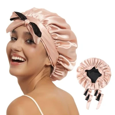 Image de Hat Hut Bonnet de Nuit en Satin Soie pour Cheveux Bouclés Dormir Réversible à Deux Couches avec Bande Nouer Femmes (FR/ES, Alpha/Lettres, Taille Unique, Rose/Noir)