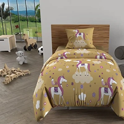 Image de Soleil d&#039;ocre, Parure Housse de Couette 140x200 cm Licornes Jaune, 100% Coton 57 Fils/cm2