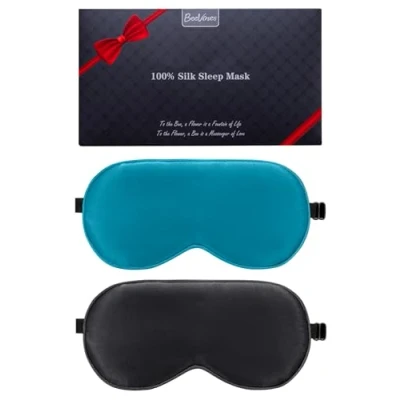 Image de Beevines Lot de 2 masques sommeil en soie 100% naturelle avec sangles réglables, masque pour les yeux, réduire yeux gonflés (noir et bleu paon)