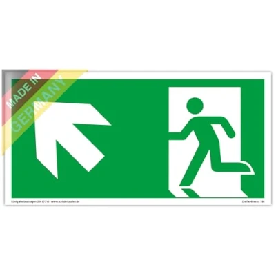 Image de Plaque de Issue der Secours Sortie extra longue luminescence PVC autocollant 297x148mm selon ISO 7010 flèche gauche oblique vers le haut Chemin fuite Dreifke® 160