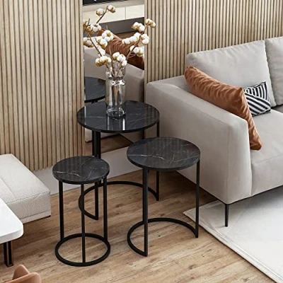Image de [en.casa] Set de 3 Tables D&#039;Appoint Rondes Bouts Canapé Gigognes Tailles Différentes pour Salon Chambre Panneau Particules Métal Noir Marbre