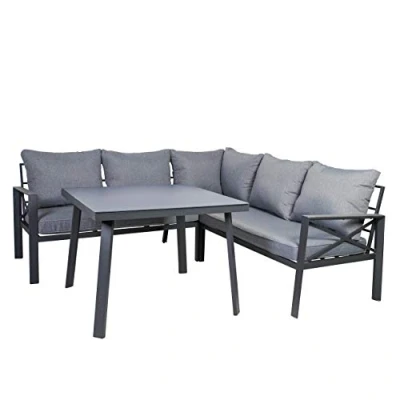 Image de greemotion Mobilier de Jardin Amsterdam pour 5 Personnes, Ensemble 2 Bancs, 1 Fauteuil et Table en Acier Robuste avec Coussins Polyester, Anthracite