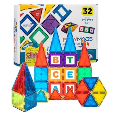 Image de Playmags 3D Blocs Magnétiques pour Les Enfants en Savoir Formes, Couleurs, et Alphabet STEM Jouets Développer Compétences la Créativité Moteur Coloré (32 + 6 Set Piece)