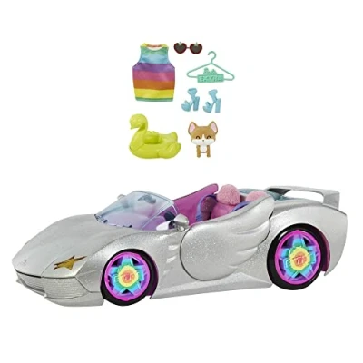 Image de Barbie Extra Cabriolet argenté, Voiture pour poupée, 2 Places, Intérieur Rose, avec Corgi et Piscine Chien, Accessoires, Jouet Enfant, HDJ47