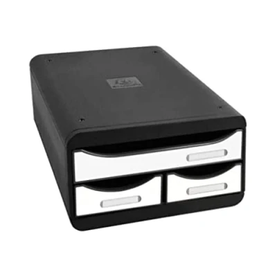 Image de Exacompta Réf. 3117213D SMALL BOX MINI 3 tiroirs 1 tiroir pour documents au format A4+ 2 fins les petits ustensiles dimensions 347 x 278 130 mm noir/blanc glossy