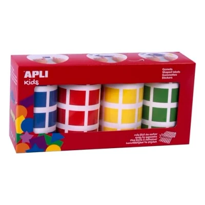 Image de Pack de 4 rouleaux gommettes carrés 20 mm couleurs assorties bleu, rouge, vert, jaune