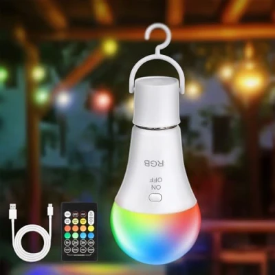 Image de Kimjo Ampoule E27 Led, RGB Rechargeable avec Telecommande Sans Fil Dimmable, 7W, 2000mAh, USB C Batterie LED Fonction de Timing