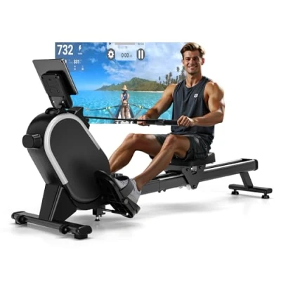 Image de Rameur, CHAOKE Rameur Musculation D&#039;appartement, Magnétique Silencieux, Rowing Machine Connecter APP avec Écran LCD,16 Niveaux de Résistance, Rails Doubles Améliorés, Capacité Maximale 160KG