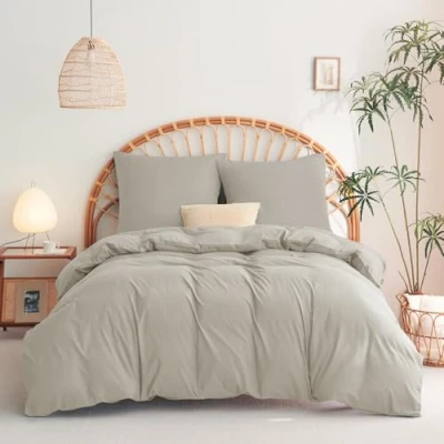 Image de WAVVE Parure de lit, 3 pièces, housse couette 155 x 220 cm et 2 taies d&#039;oreiller 80 cm, en microfibre, avec fermeture éclair, douce infroissable, beige