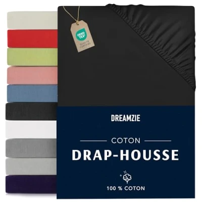 Image de Dreamzie Drap Housse 100x200 Noir 100% Jersey Coton Certifié Oeko Tex Matelas