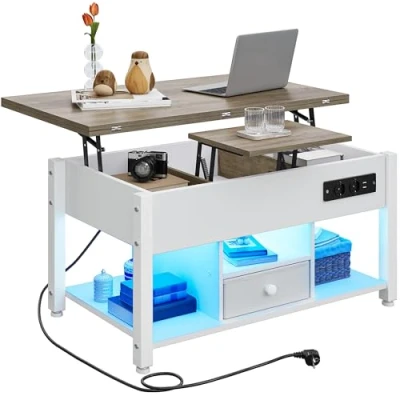 Image de YITAHOME Table Basse à LED Contrôle par APP avec Plateau Relevable, Multifonctionnelle 4 en 1 pour Salon, Bureau Etagère de Rangement Compartiment Caché, Blanc et Gris