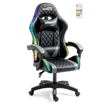 Image de Amstrad ULTIMATE BK LED Fauteuil / Chaise de bureau Gamer coloris noir &amp; grise Eclairage 366 effets Télécommande Neuf