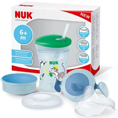 Image de NUK Kit d&#039;apprentissage 3 en 1 avec tasse à bec Trainer Cup (6 mois et plus), Magic 360 (8 ans) gourde d&#039;action pour enfants (12 230 ml, sans BPA, léopard vert