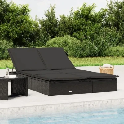 Image de vidaXL chaise longue à 2 places avec coussins noir résine tressée, longue, d&#039;extérieur, lit de salon, 319645