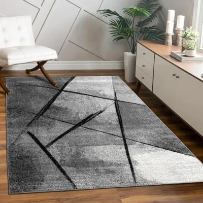 Image de Paco Home Tapis Salon Poils Ras Motif Moderne Abstrait Géométrique Gris Noir, Dimension:160x230 cm