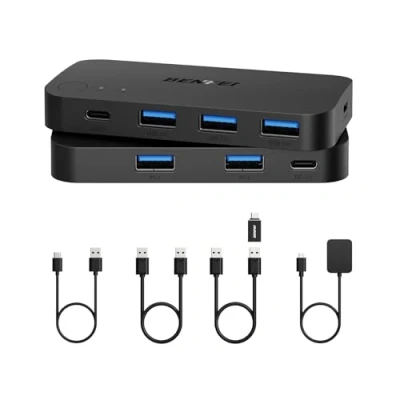 Image de Commutateur KVM USB 3.0, 2 Ordinateurs partageant 3*USB 3.0 et 1*USB C avec télécommande pour PC Souris Clavier Imprimante Scanner, Compatible Windows, Mac, Linux