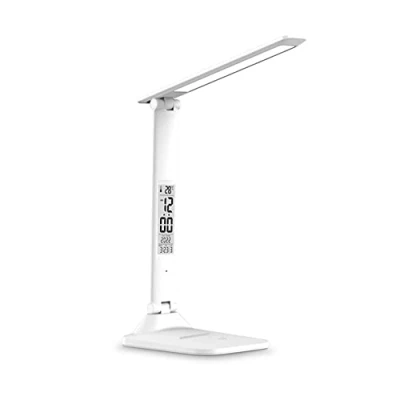 Image de KISUFU Lampe de Bureau LED, 3 Couleurs Contrôle Tactile Portable Pliable Lecture Protection des Yeux, chevet Avec Port USB et Fonction Minuterie/Température/date.
