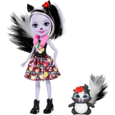 Image de Enchantimals Mini poupée Sage Moufette et Figurine Animale Caper aux Longs Cheveux Noirs Blancs, Jupe Amovible Faux col, Jouet pour Enfant, FXM72 Multicolore