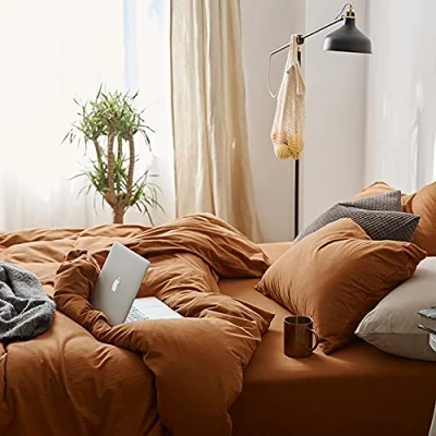 Image de Sedefen Housse de Couette 220 x 240 cm Caramel Brun Coton lavé Couleur Unie Parure Lit 2 Personnes avec Fermeture Éclair Aspect ridée Naturel Taie d&#039;oreiller 65x65