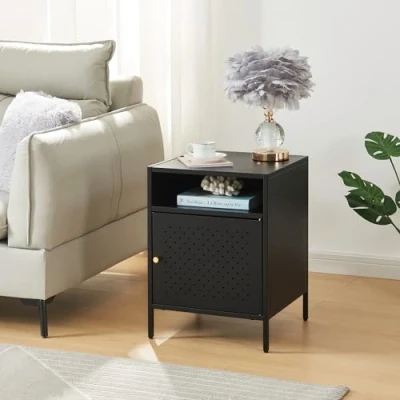 Image de [en.casa] Table de Chevet avec Porte d&#039;Armoire et Étagère d&#039;Appoint Basse Bout Canapé Nuit Style Industriel Acier 55 x 40 cm Noir