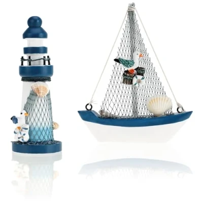 Image de com four® Ensemble de décoration Maritime 2 pièces Voilier et Phare en Bois au Look usé [la sélection varie] (02 + Phare)