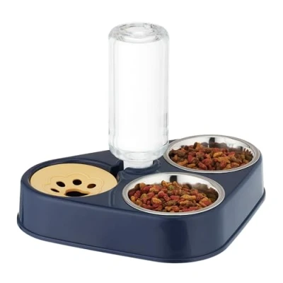 Image de Relaxdays Support avec 2 gamelles et Distributeur d&#039;eau, pour Chats Petits Chiens, Bouteille 120 ML, Bleu/argenté