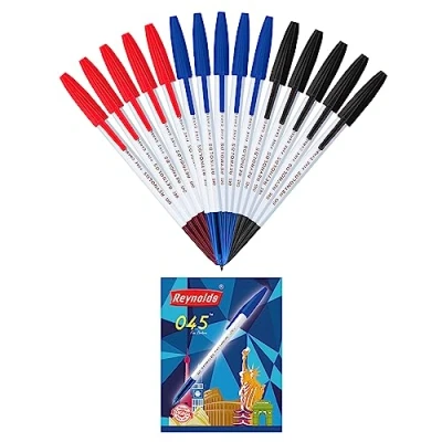 Image de Reynolds 045 Lot de 15 Stylos à Bille Un Stylo Légers avec Prise en Main Confortable pour une Écriture Fluide 5 Bleus, Noirs, Rouges Pointe 0,7 mm