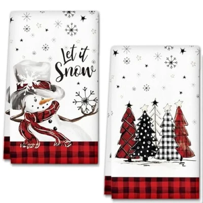 Image de YAXZIM Torchons de Plaid Buffle Noir Rouge Con Bonhomme Neige et Arbres Noël, Torchon Vaisselle Noël,18 x 26 inch Cuisine Coton Vaisselle,Bar Multi usages Doux absorbants