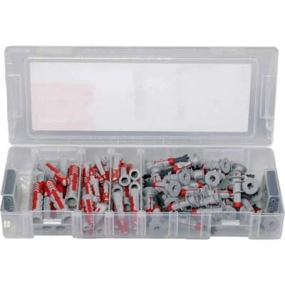 Image de fischer Mini FixTainer DuoLine, lot de 77 chevilles universelles DuoPower et pour plaques plâtre DuoBlade dans une boîte pratique, kit universel les applications plus courantes