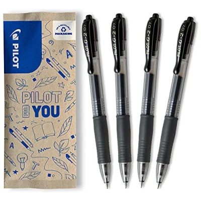 Image de PILOT Lot de 4 G2 Stylos roller à encre gel rétractables et rechargeables Noir Pointe moyenne