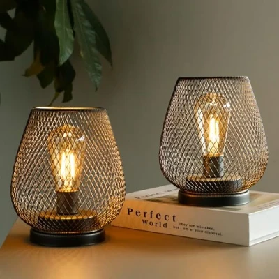 Image de TRIROCKS Set de 2 lampes à piles métalliques 17cm haut en forme cage métallique Lampe table sans fil Lanternes avec ampoule LED Edsion pour jardin intérieur extérieur (Marron)