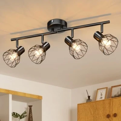Image de Kimjo Plafonnier LED 4 Spots Orientables, Vintage Spot de Plafond Noir avec Douille E14, Industriel Design Rétro pour Cuisine Couloir Salon Chambre Coucher, Sans Ampoule, Max. 40W