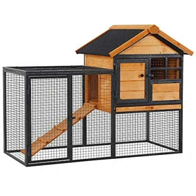 Image de PawHut Clapier Cage à Lapins Cottage Niche supérieure avec Rampe et enclos extérieur Plateau excrément, fenêtre, 2 Portes verrouillables métal époxy Sapin pré huilé