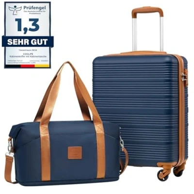 Image de Coolife Set de 2 pièces easyJet Valise Cabine 55x40x20 ABS Valises et 1 Bagage Leger a 4 Roues,Serrure TSA (Bleu Marron, Valises)