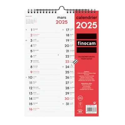 Image de Finocam Calendrier Neutre Mural pour écrire Deux colonnes 2025 1 mois par page Janvier Décembre (12 mois) Français