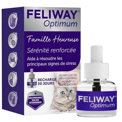 Image de CEVA Feliway Optimum Lot de 2 flacons recharge 30 jours x 48 ml Peut être utile pour réduire le stress chez les chats Convient toutes phases la léveine